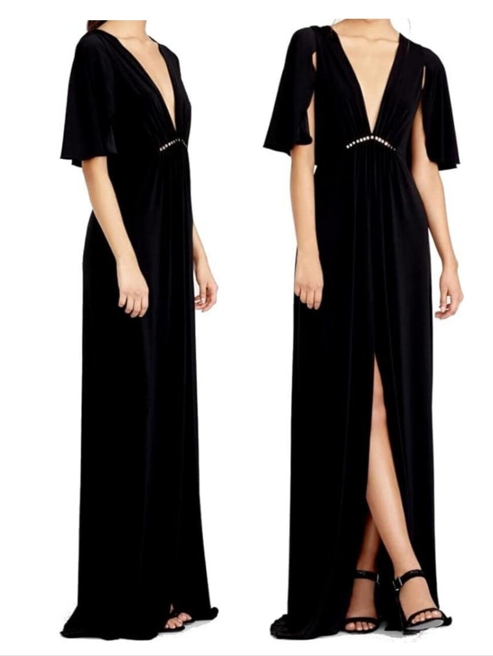 Halston Heritage flounce sleeve v-neck jersey gown Plunge Neckline Black XL